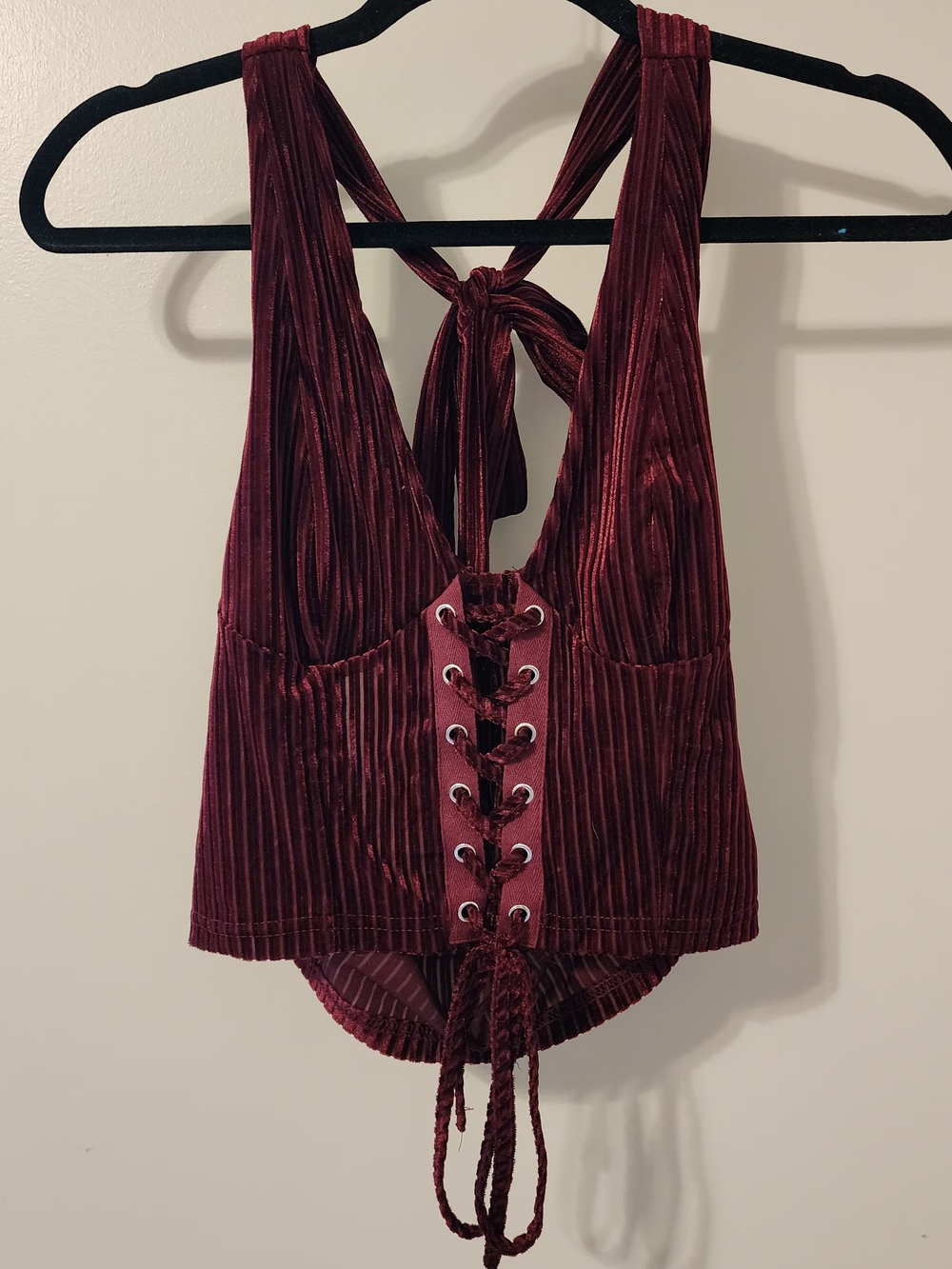 SHEIN Burgundy Velvet Lace-Up Halter Top, Size M, Worn Once!